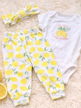 Chick Pea Baby 6-9M 3 Piece Lemon Matching Set, Summer Outfit, Baby Girl Outfit